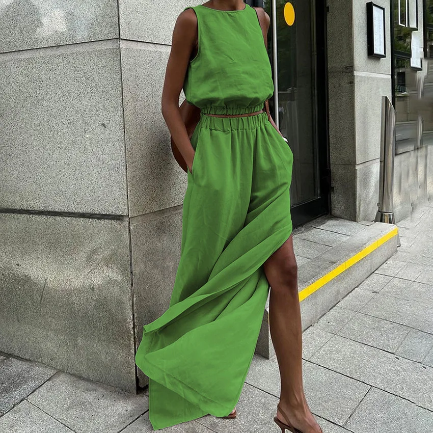 

Women's two-piece set: linen-cotton sleeveless vest with split and spring-summer casual fashion wide-leg pants