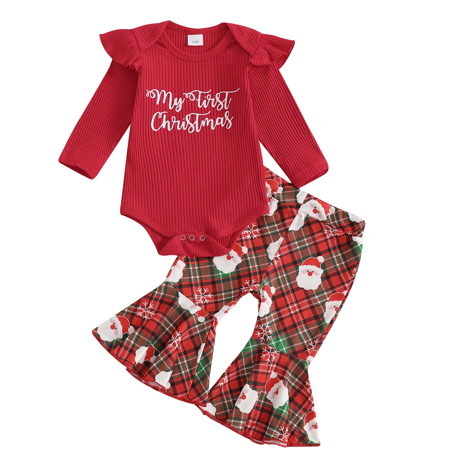 

Newborn Baby Girl Christmas Outfits Letter Print Ruffle Long Sleeve Romper Santa Claus Plaid Flare Pants Headband 3 Piece Set