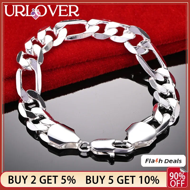 

URLOVER 925 Stamp Silver Color 12mm Man Figaro Bracelets For Woman Chain Wedding Accessories Party Birthday Gift Fashion Jewelry