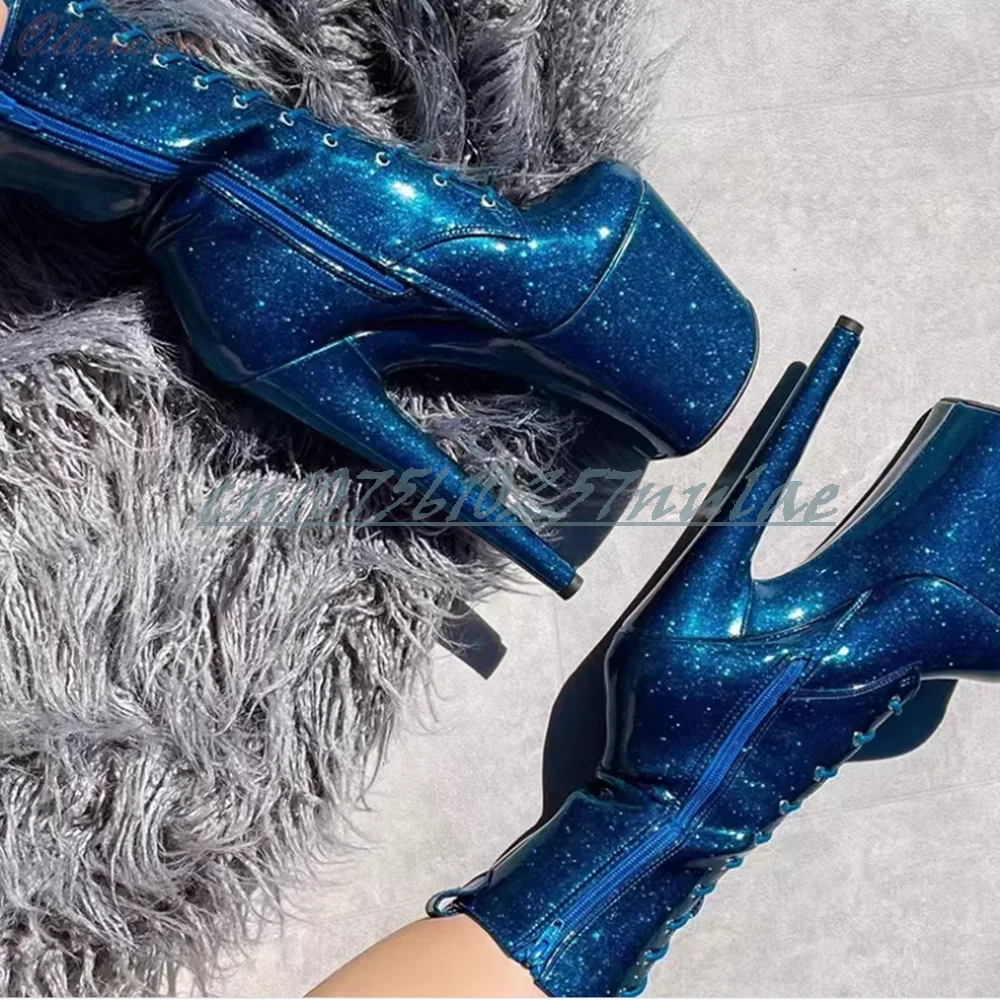 

Blue Glitter Cross Tied Platform Mid Calf Boots Stiletto High Heel Elegant Hot Girls Fashion Women Shoes 2026 Women Dance Shoes