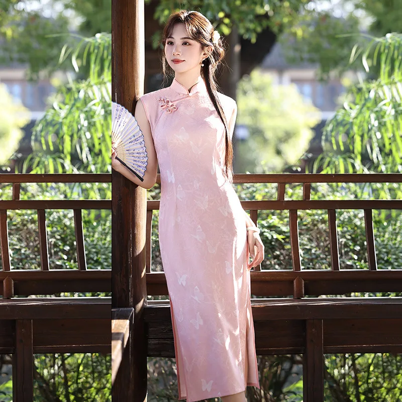 

Pink Chinese Style New Chinese Style Long Cheongsam Improved for Youth 2025 New Women Retro Summer Qipao
