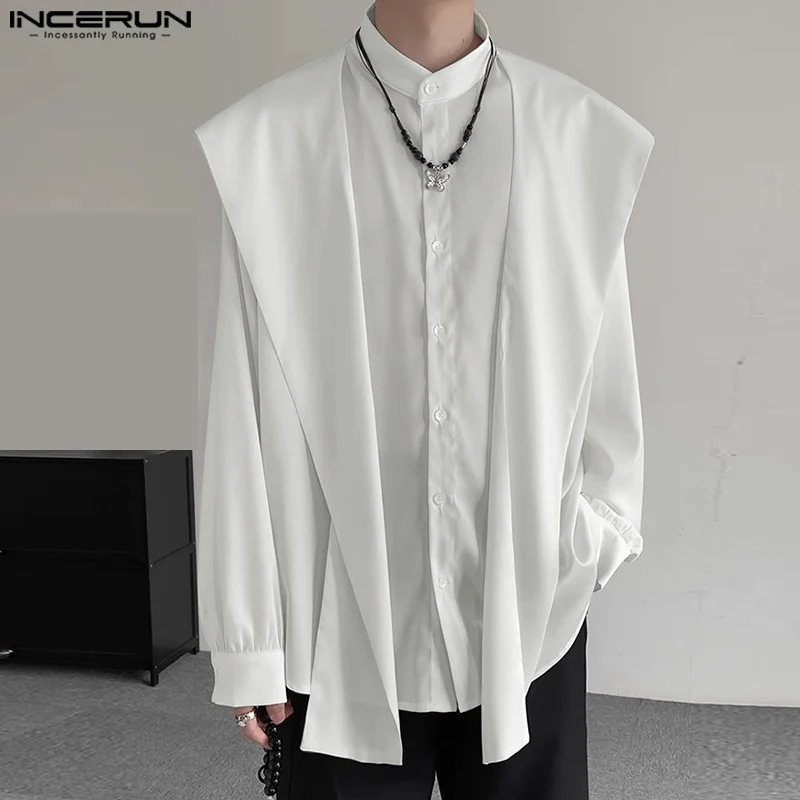 

2024 Korean Fashion Long Sleeve Tops INCERUN Handsome Men Casual Shawl And Hood Simple Shirts Solid Color Button Elegant Blouse