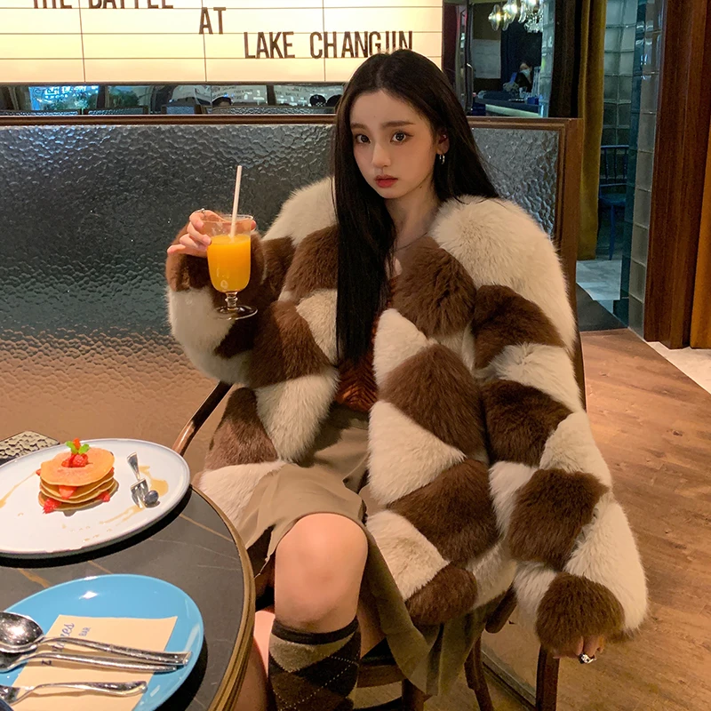 2024 New Real fur,Women's New Imported Checkerboard Real Fox Fur Coat Luxury Thick Warm Fur Jacket Casual Streetwear Women Party