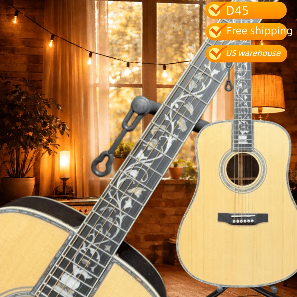 Shipped from USA, D45 Natural Finish Acoustic Guitar, Abalone Shell Vine Inlay, 6‑String Folk Guitar, Wood Guitar for Professional Stage Play, Hot‑selling Musical Instrument, Premium Gift Option, Free Shipping