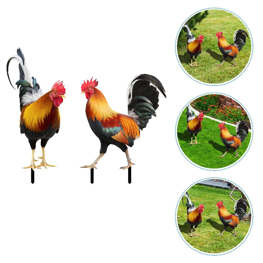 

2 Pcs Rooster Garden Decoration Lawn Stake Grass Yard Scene Layout Patio Inserted