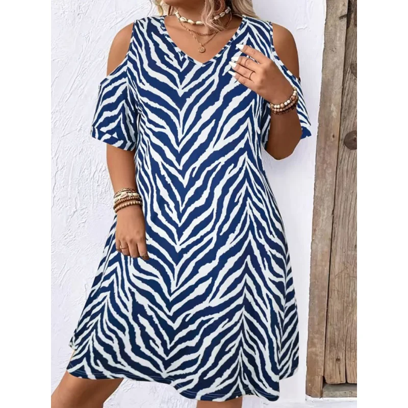 

Spring Summer Casual Off-Shoulder Dress Plus Size Fashionable Elegant Short Sleeve European and American Style Zebra Print