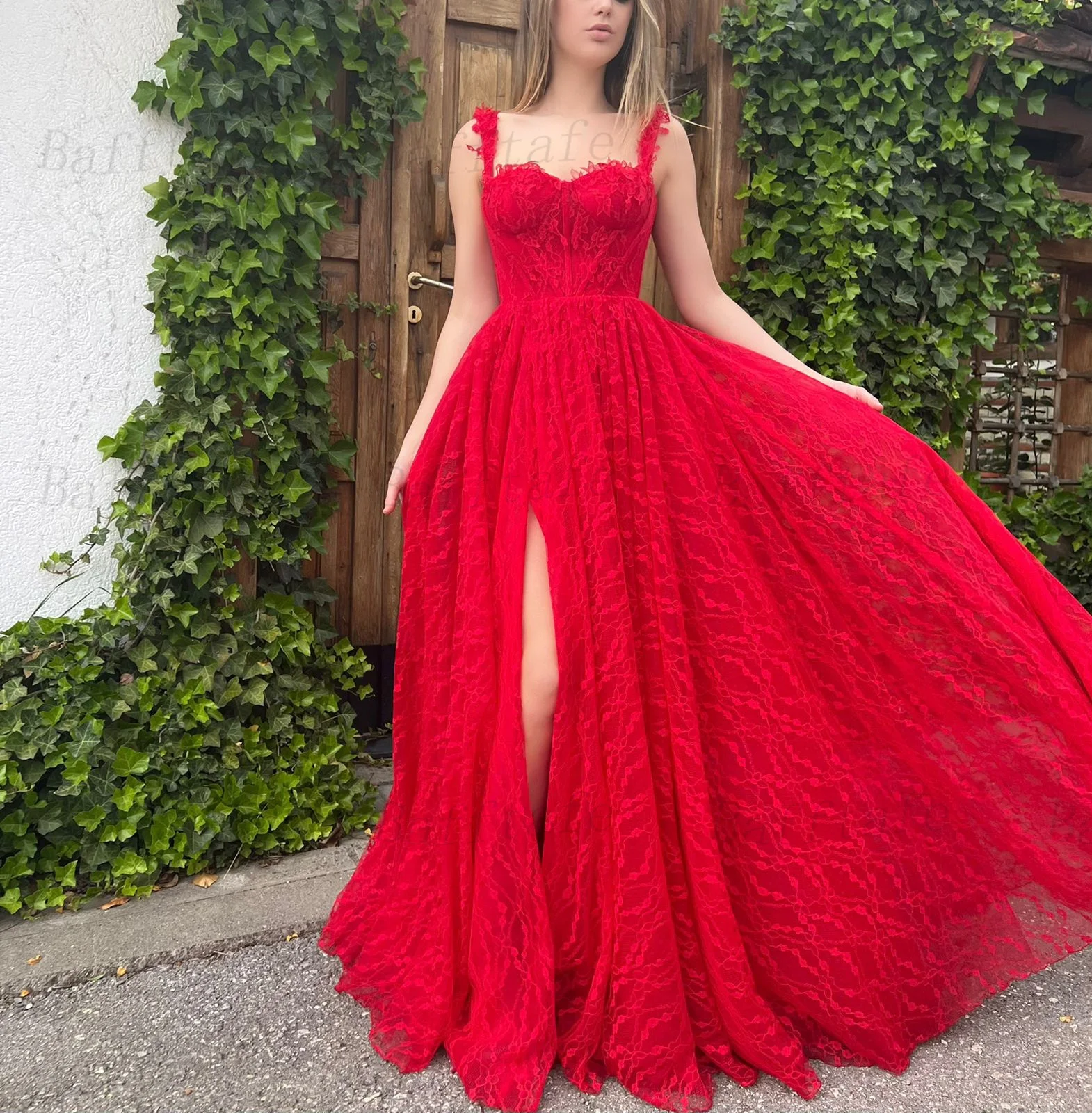 Bafftafe Customized Red Lace Women Prom Evening Dresses Straps High Slit Formal Party Gowns A Line Women Special Occasion Dress