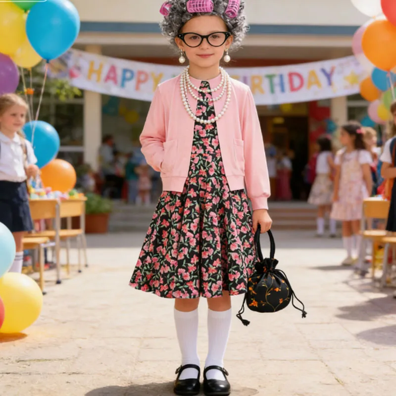 الأطفال سيدة عجوز لعب الأدوار زي الفتيات 100 يوم من المدرسة فستان الجدة رمادي شعر مستعار الجدة نظارات عيد ميلاد تأثيري حلي