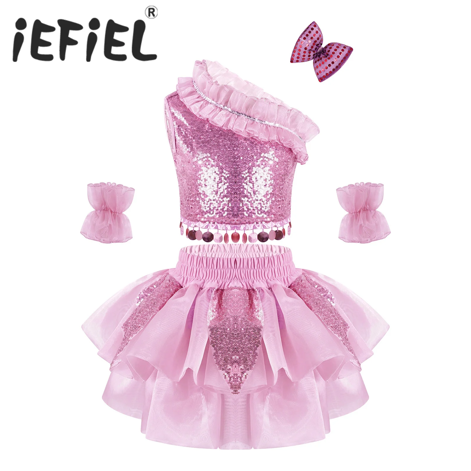 

Kids Sequins Ballet Dance Sets Girls Jazz Modern Dance Outfits Tops and Skirt with Hair Clip and Cuffs for Stage Performance