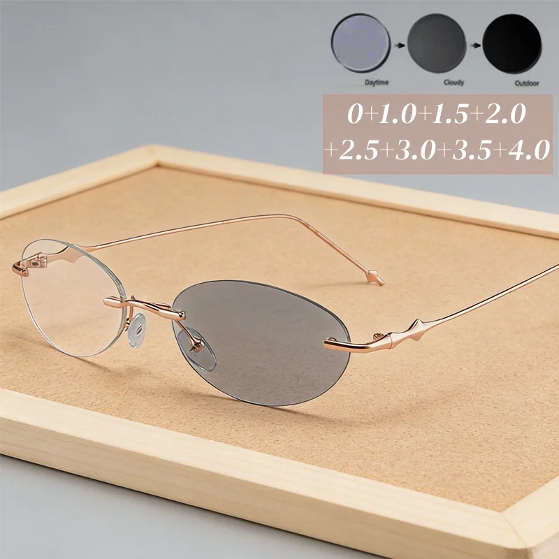 

Fashionable Women's Photochromic Reading Glasses Men Luxury Rimless Oval Far Sight Eyeglasses Lense Anti-blue Light Presbyopia