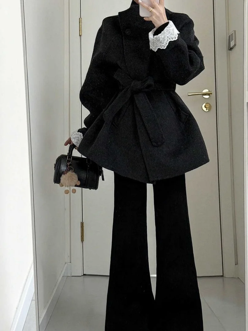 

Модное зимнее женское шерстяное пальто большого размера, черное, приталенное, с длинным рукавом, с отложным воротником, молодежное, с эффектом стройности