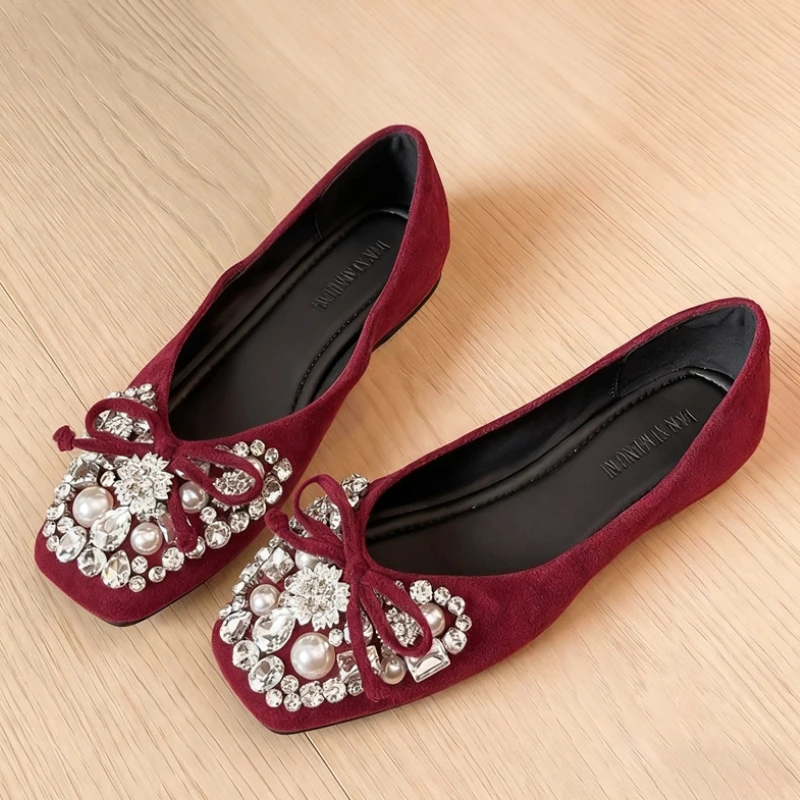 

Новые осенние женские лоферы со стразами, элегантные замшевые туфли на плоской подошве с бантом и квадратным носком, удобная повседневная женская обувь Мэри Джейн на мягкой подошве