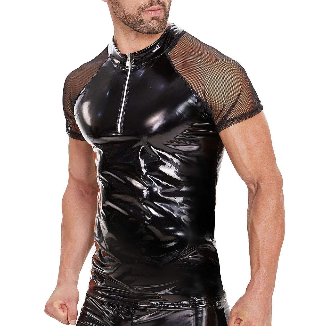 

Мужские блестящие кожаные сетчатые прозрачные хипстерские футболки из ПВХ, сексуальные топы с короткими рукавами и молнией спереди, латексные тонкие футболки с мокрым эффектом, клубная одежда