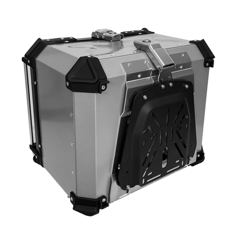 STLF 55L X Design Aluminium Alloy Top Box Silver+Black Motorcycle Rear Case with X Design for Stylish Luggage Storage