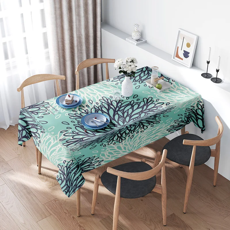 Modern Floral Tablecloth: Green Black Printed Decorative Table Cover for Home Dining Room Decoration Size 150x230cm (Blue)