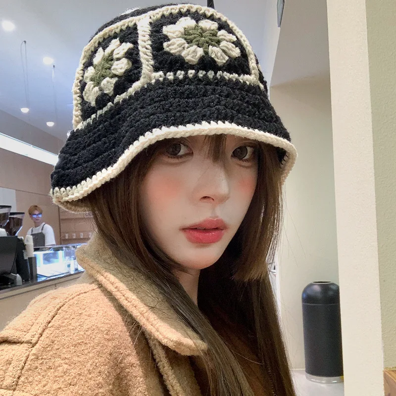 

New Crochet Hat Korean Handmade Bucket Hats For Women Weaving Knitted Hat Y2k Fashion Flowers Autumn Winter Beanies Caps