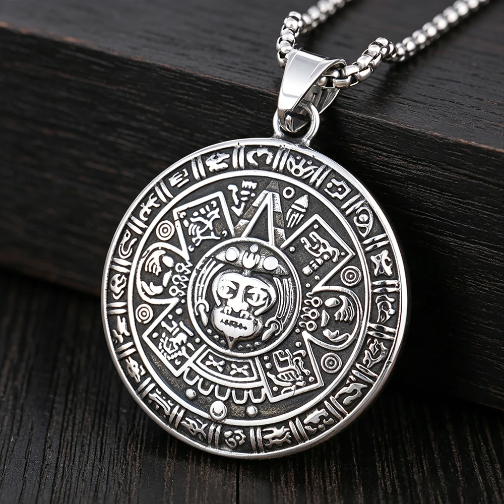 Stainless Steel Aztec Calendar Pendant Necklace Mayan Symbol Men Women Vintage Talisman Big Size Jewelry Gift Dropshipping
