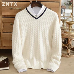 Winter pure cashmere sweater men winter V-neck preppy sweater knit base shirt youth casual fashion warm hot selling students