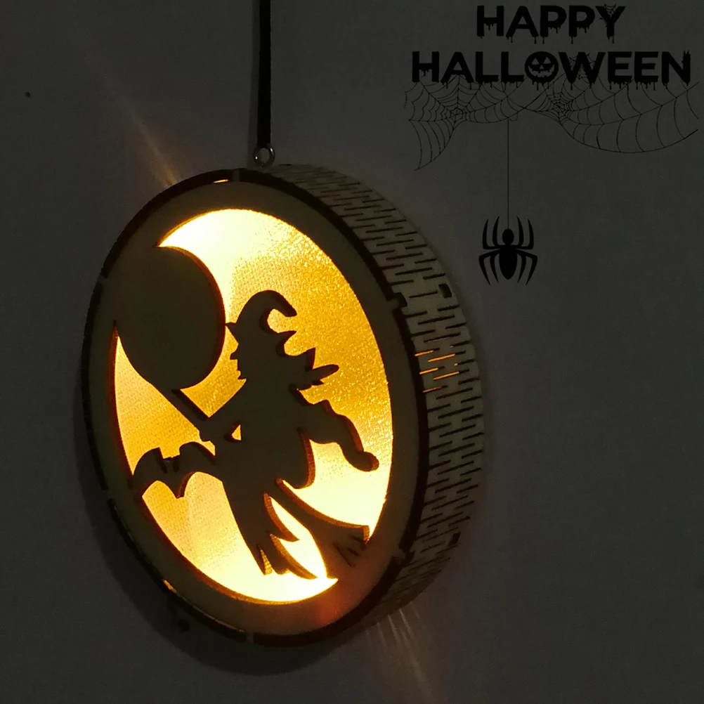 Ornament Witch Decoration Light Halloween Hanging Wooden Decorative Lights LED Lamp