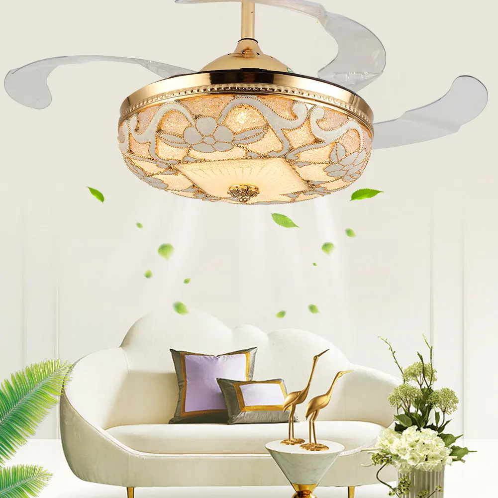 OUKANING 42" Gold LED Crystal Ceiling Fan Light 4 Retractable Blades 3 Speed Setting Chandelier With Remote Control For Indoor