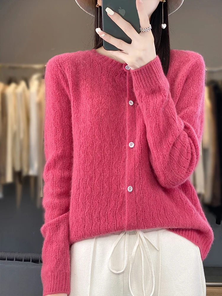 100% Merino Wool Spring Summer Women Sweater O-neck  Long Sleeve Cardigan Hollow Out Soft Knitwear Korean Fashion Women Clothing