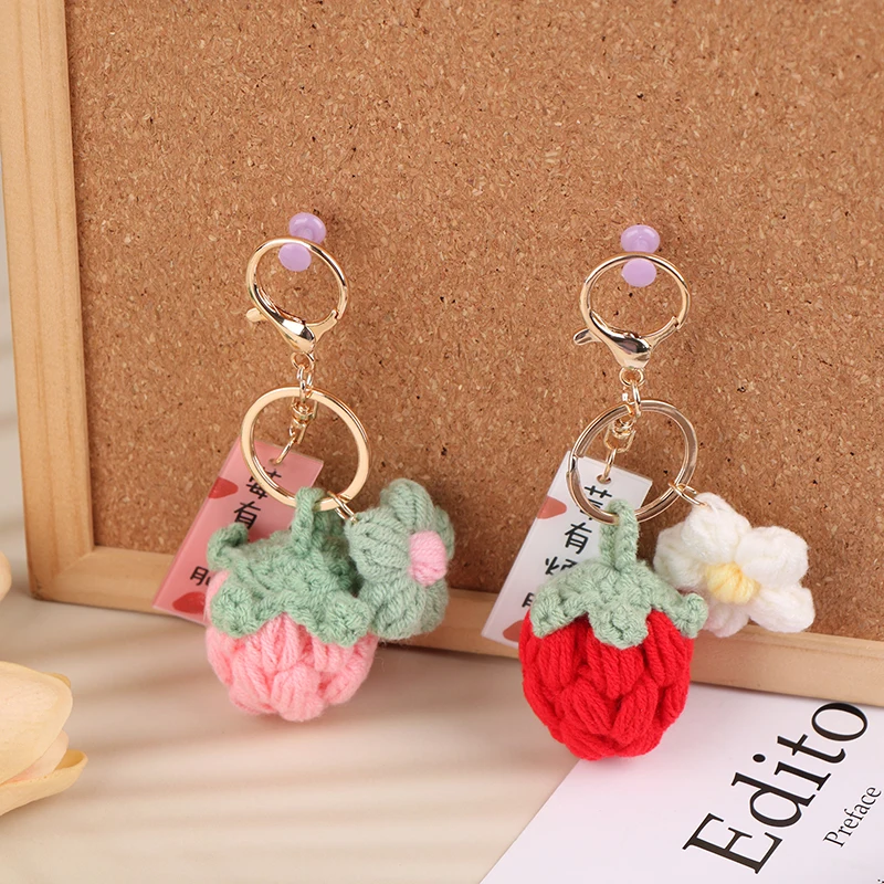 Creative Knitted Strawberry Keychains For Women Girls Knitting Fruit Pendant Lucky Bag Charm Gift Accessories