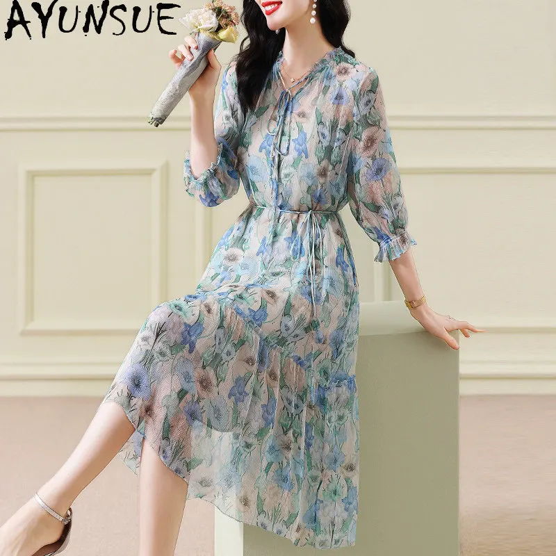 AYUNSUE 100% Natural Mulberry Silk Elegant Dresses for Women Party Dress Summer Clothes Blue Dress Loose Waist Платье Женское