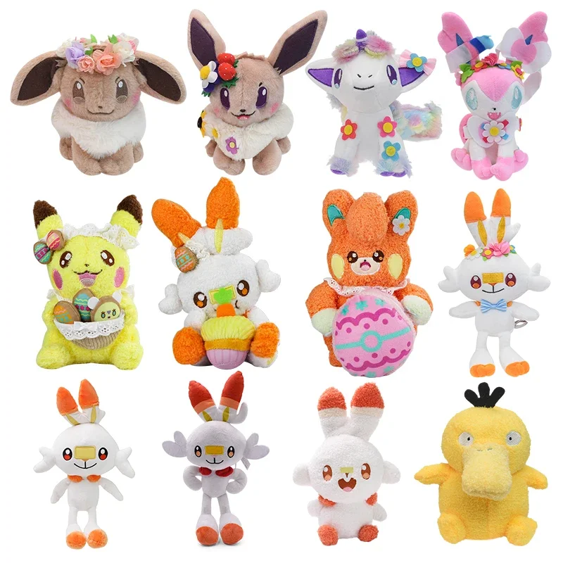 Juguetes de Peluche de Pascua Scorbunny Pawmi Pikachu Anima rellenos Eevee Sylveon Galarian Ponyta Psyduck Peluche muñecos de dibujos animados regalo