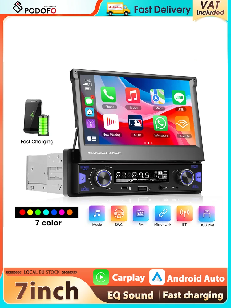 Podofo 7'' 1Din Odtwarzacz MP5 z Bezprzewodowym Carplay i Android Auto, Wysuwany Ekran, Odtwarzacz Multimedialny FM/AM/RDS, BT, Type-C, EQ, Radio Samochodowe — 2