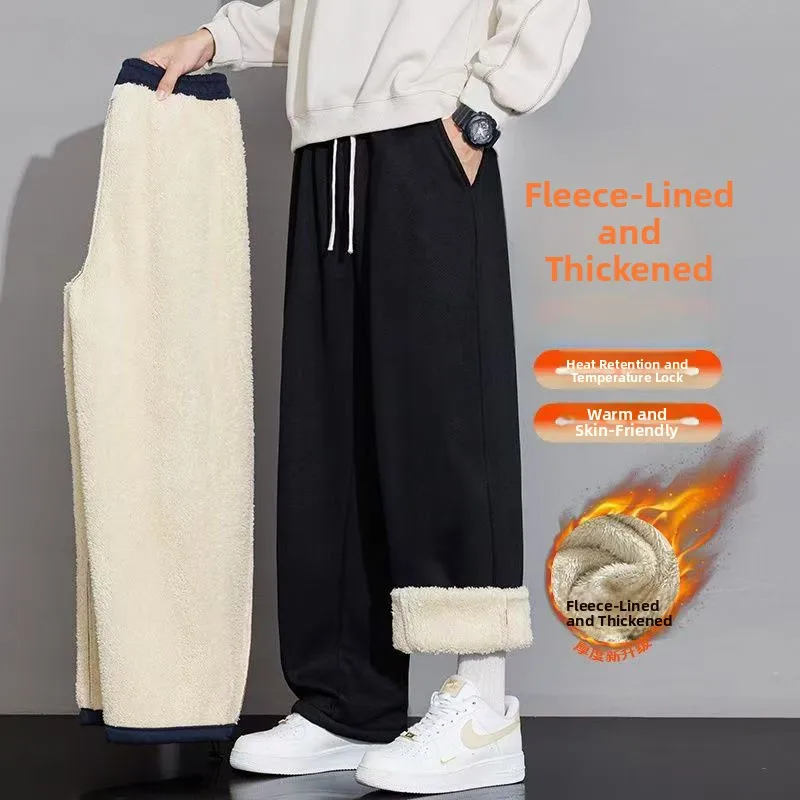 

Lamb Velvet Fce Lined Loose Thi Men's Winter Straight Leg Pants Pure Color Casual Sweatpants Korean Sle Youth Faion