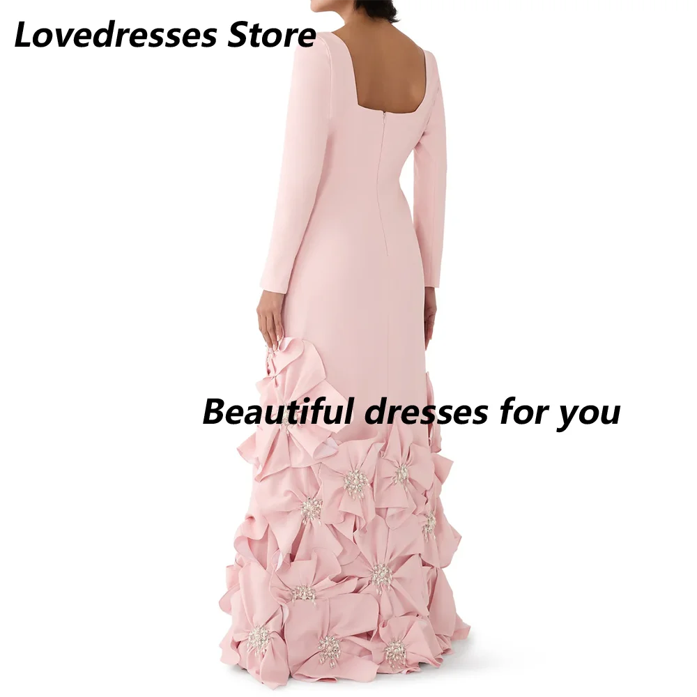 فستان سهرة وردي مخصص برقبة مربعة وأكمام طويلة لؤلؤ زهور خط فساتين حفلات عصرية فساتين الحفلات 2025