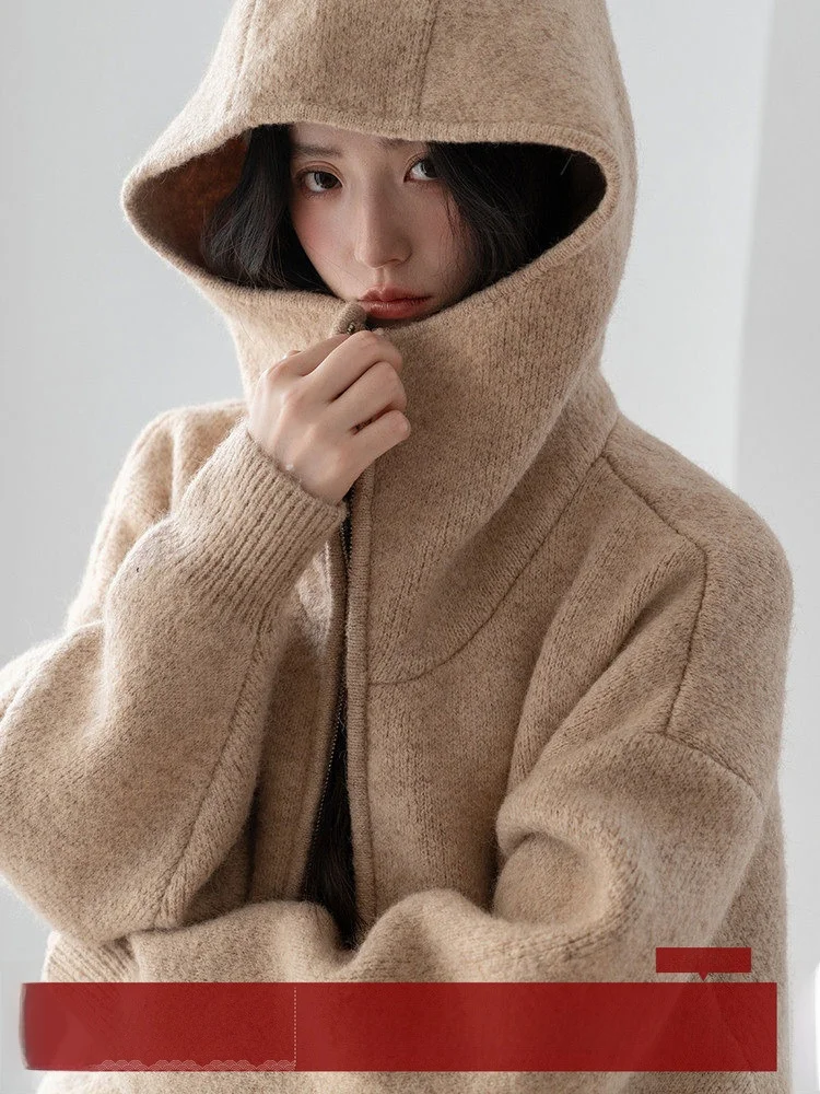 

Новый корейский кардиган MoZa коричневого цвета с капюшоном, свободного кроя, для похудения, осенне-зимний, универсальный, вязаный, для женщин