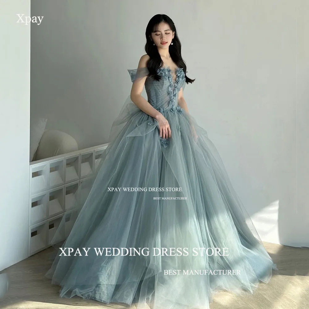 XPAY Fata Tulle Verde Corea Abiti da sposa con spalle scoperte Fiori 3D Abito da sposa Abito elegante senza maniche personalizzato per servizio fotografico