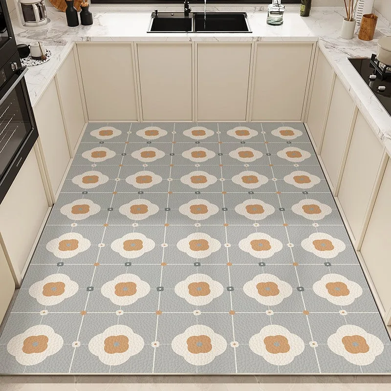 

Floral Pattern Kitchen Carpet Oil Stain Resistant Cuttable PVC Leather Rug Fashion Art Home Decorative Balcony Floor Mat Kовер