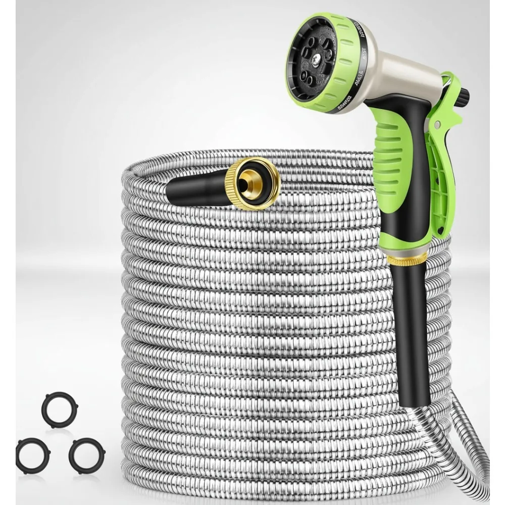 

Садовый шланг из нержавеющей стали длиной 50 футов с 10-функциональным соплом, без ударов и гибким для двора, на открытом воздухе, на колесах