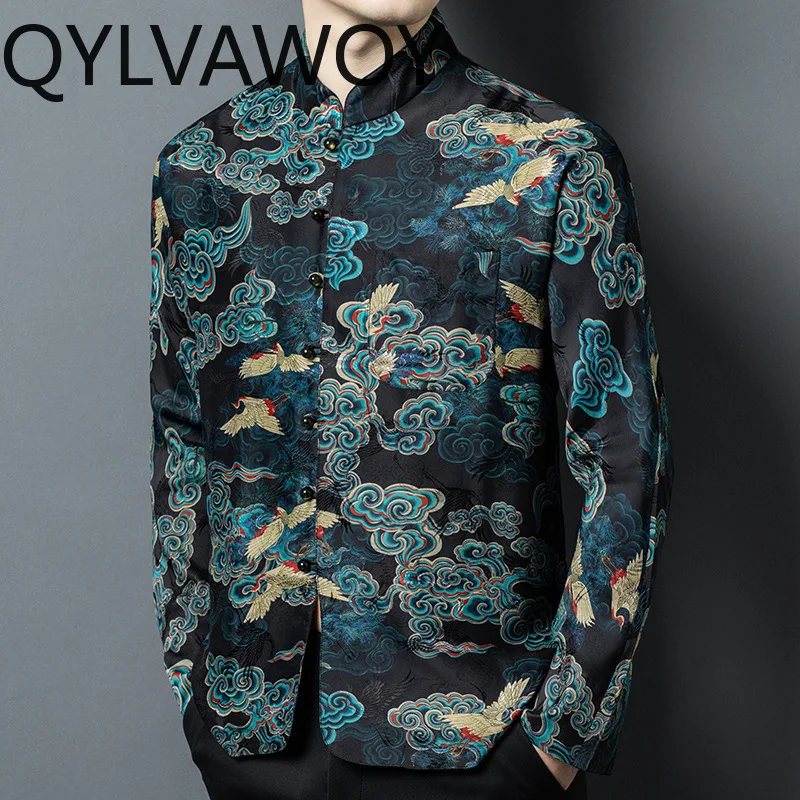 QYLVAWOY Men's Shirts Mulberry Silk Long Sleeves Tops Shirts for Man Frog Button Man Shirt Chinese Style Clothes for Man Retro
