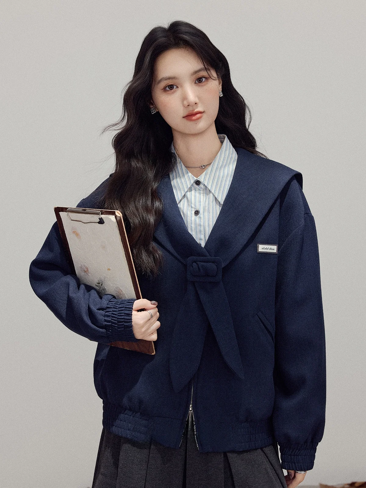 

Zhang Cola Autumn Winter New Sle Retro k Blue Naval Collar Casual ort Jaet Women's College Sle Jaet Beautiful Zi...