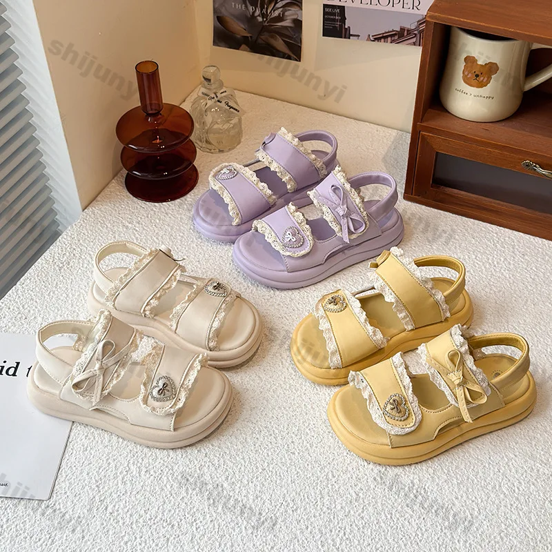 

Girls' Platform Sandals Summer Fashion Lace Lightweight Comfortable Princess Sandals Bow-knot Soft Sole Non Slip Casual Flats