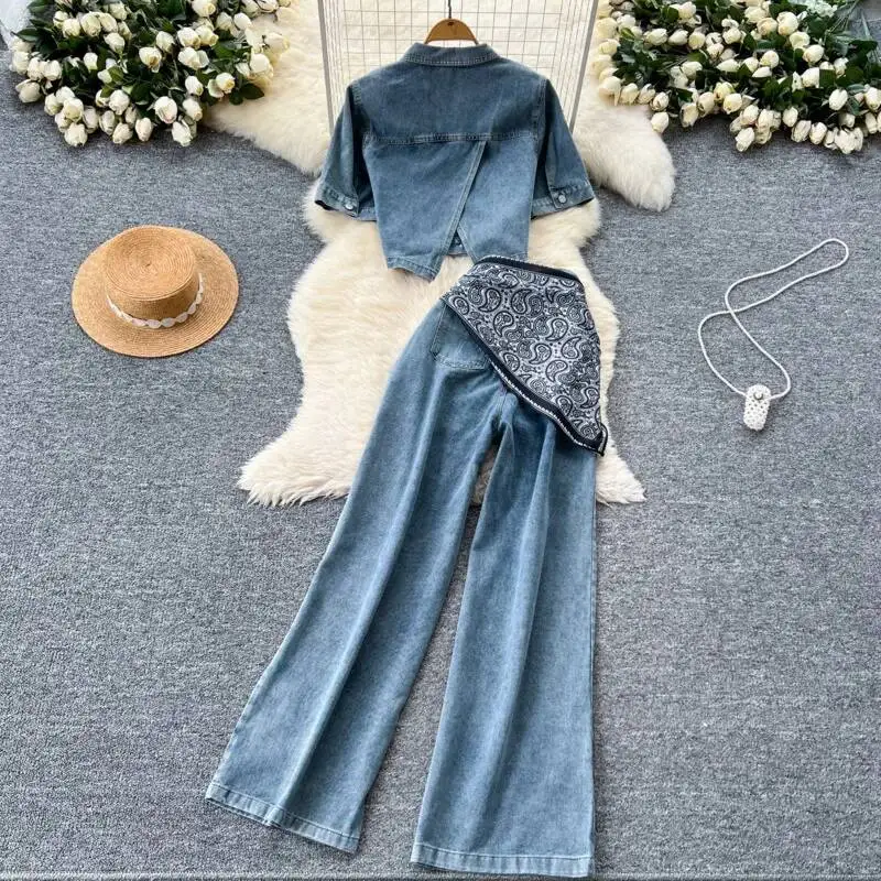 ANJY Spring Summer Women Korean Style High Street Single Breasted Short Sleeve Denim Shirt Trend Casual Wide Leg Jeans Set A8106