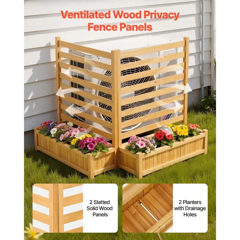 Solid Outdoor Wood Privacy Fence with 2 Planters 36x45 Inch Slatted Panels Air Conditioner Compatible Storage