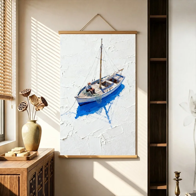 Wall Decor Small Sailboats on White and Blue Water, Coastal Minimal Pearlescent Canvas Wall Hanging Scroll for Vacation Villa