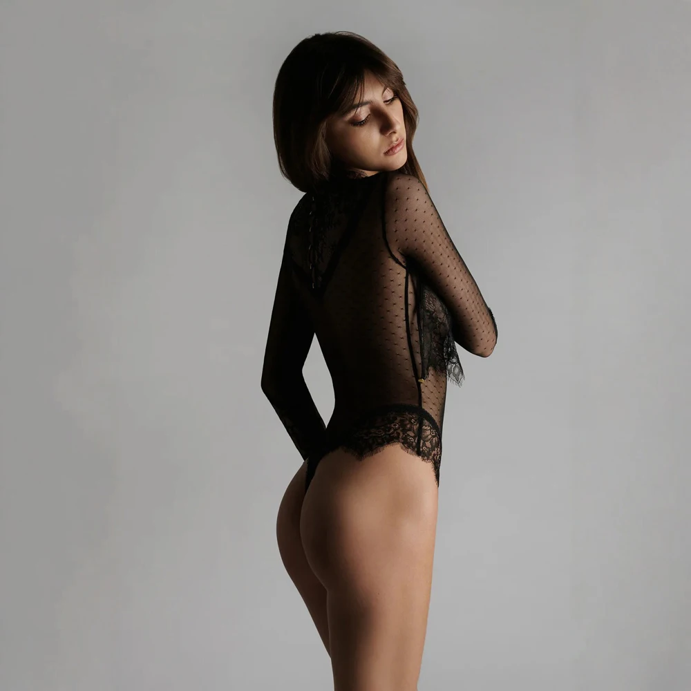 High End Elegant Eyelash Lace See-Through Dot Mesh Nightwear Teddy Lingerie Women Sexy Long Sleeve Slim Fit Erotic Bodysuits