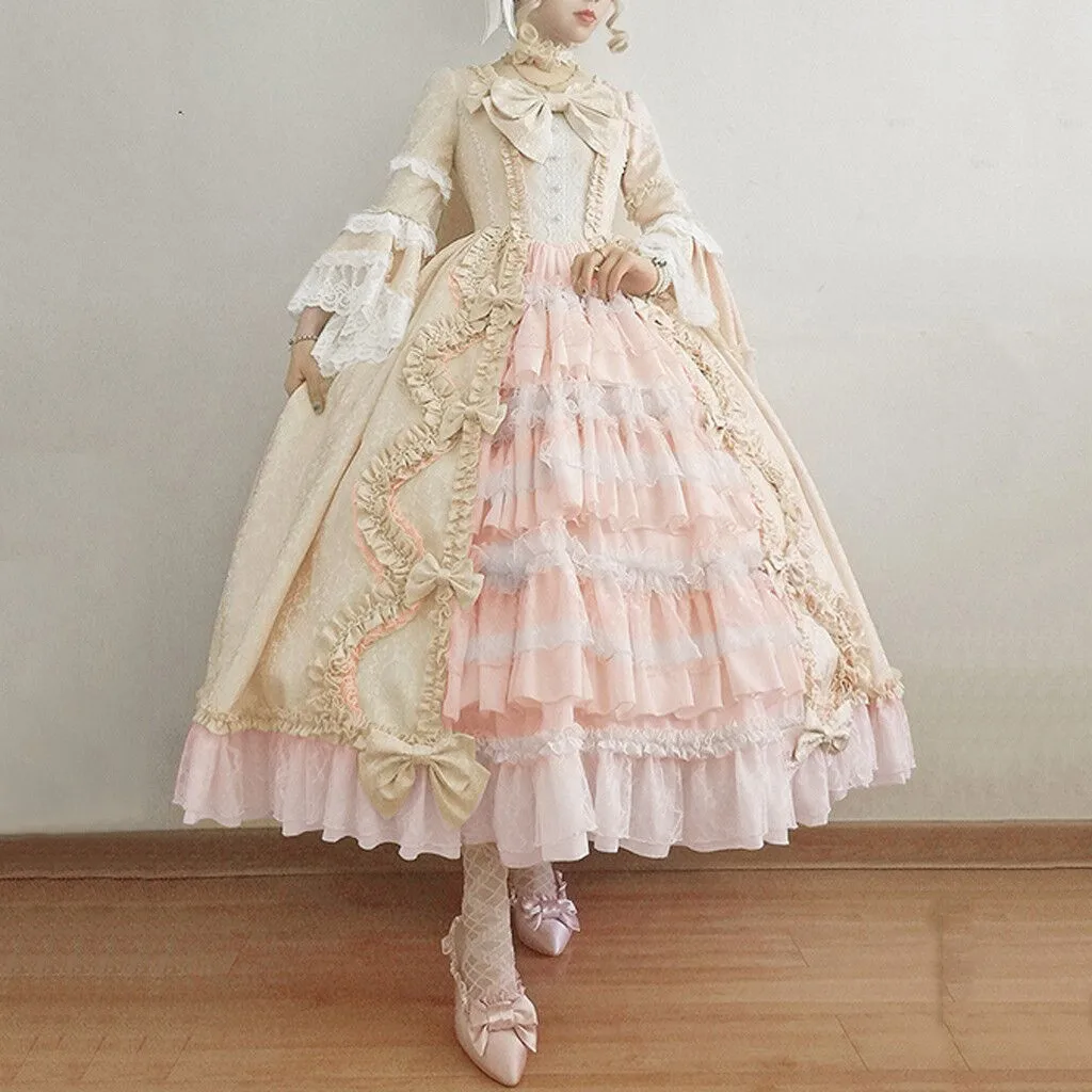 Vestido vintage medieval feminino, Vestido Lolita Gótico, Manga comprida, Vestido Lolita Clássico, Plissado fofo e doce, Fantasia Cosplay Anime