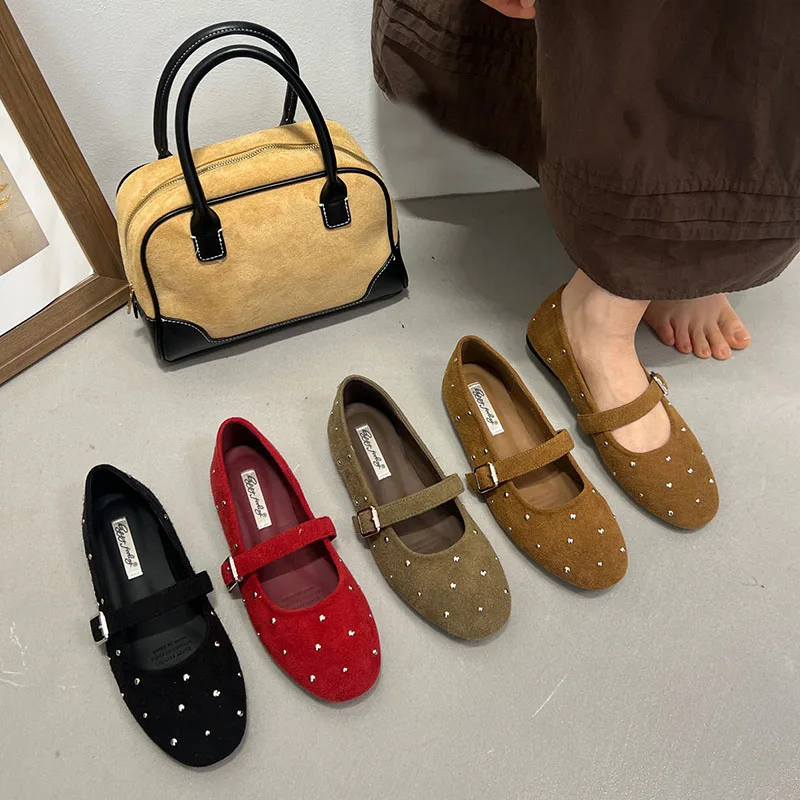 

2026 New Metal Rivet Women Flats With Shoes Luxury Female Soft Dress Shallow Footwear Fashion Round Toe Lady Mary Janes Shoes