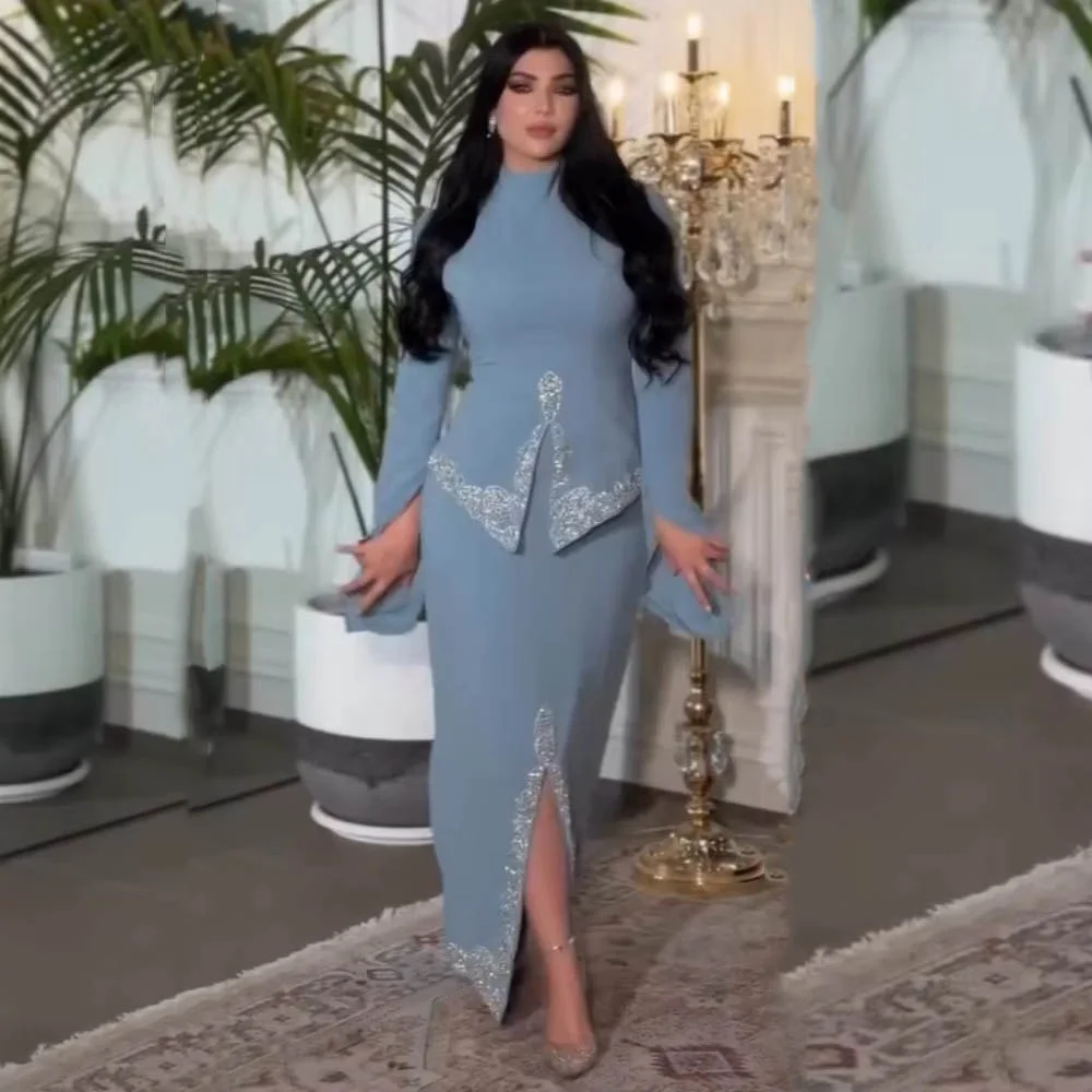 

Customized Exquisite Lace Applique Women Prom Dress Long Sleeve Charming High Split Party Dress Elegant O Neck Evening Gown