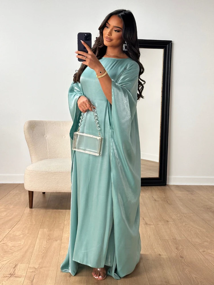 Eid Sliky Bat Sleeve Dress for Women Muslim Ramadan Party Abaya Party Long Dress Morocco Kaftan Vestidos Dubai Robe Jalabiya