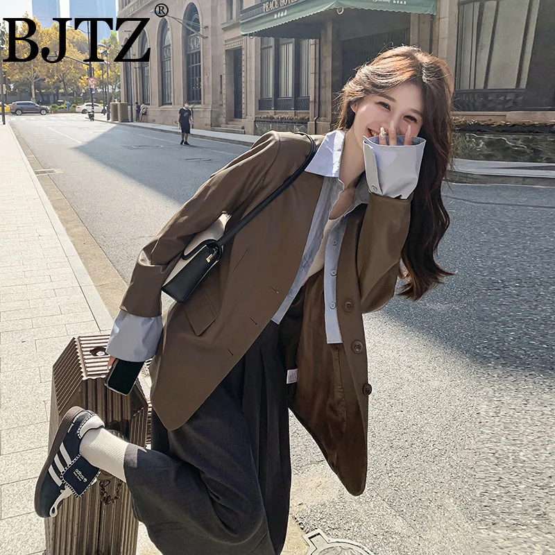 

BJTZ Ретро поддельный двухсекционный пиджак из искусственной кожи для женщин, весна-осень 2023, новое модное свободное женское пальто