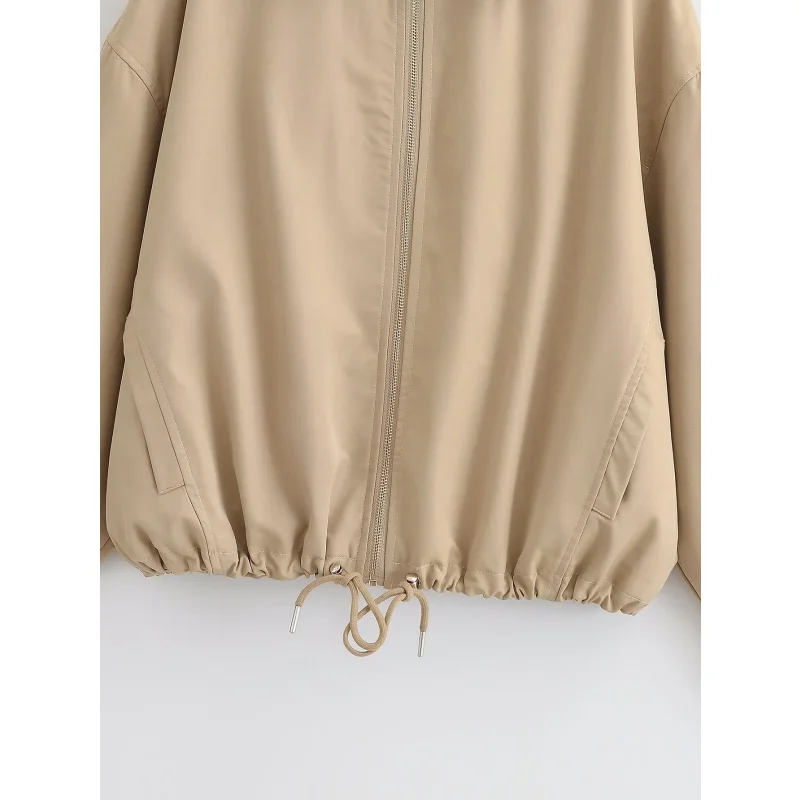 2026 Neue Damen Khaki Kapuzenjacke Langarm Reißverschluss Oversized Locker Lässige Oberbekleidung Damenmantel Langarm Reißverschluss-Design – Detail 5