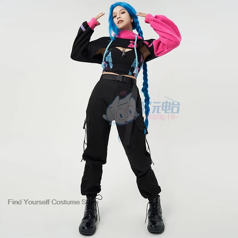 Game LOL Arcane Cosplay Jinx Doujin Fashion Hooded Sweatshirt Anime League Costumes Girls Velvet Jacket Sports Vest Necklace Set