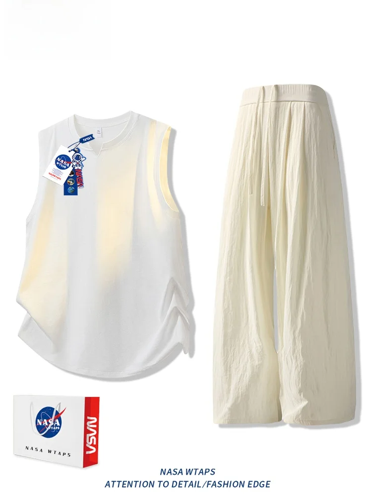 

WTAPS Ice Silk oulder Vest Set Men Summer Casual Loose Sport Cool Lazy Sle Two Pieces Set ex Polyester Fiber Long Pants